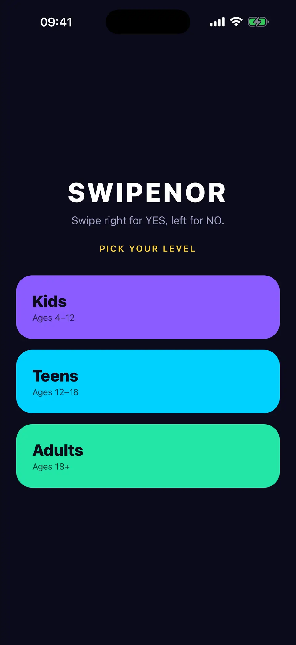 Swipenor level picker offering Kids ages 4 to 12, Teens ages 12 to 18, and Adults ages 18 and over.
